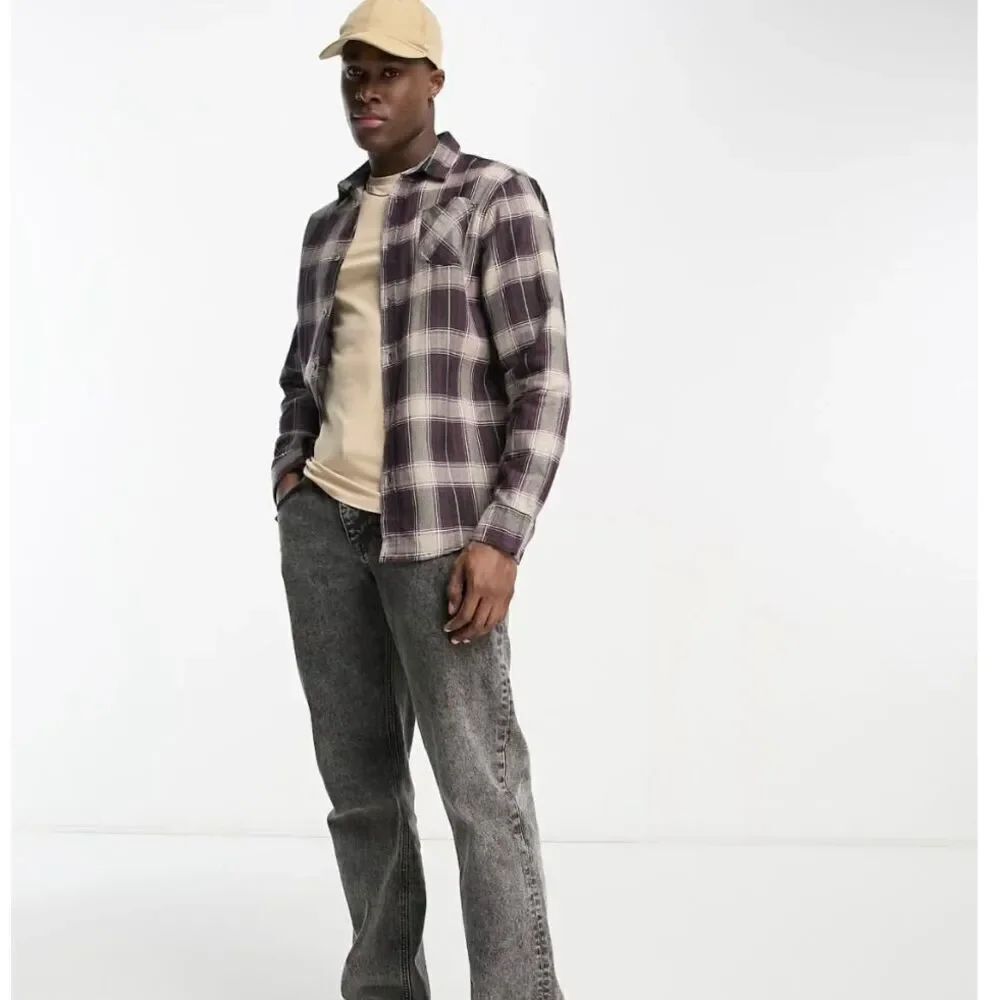 Brave Soul cotton check shirt in ecru & burgundy plaid button down long sleeved